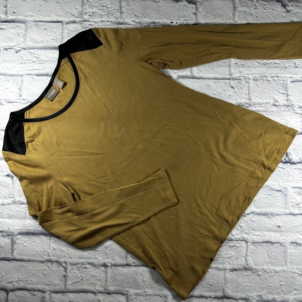 Chicos Women Size 1 Small Tan Black Faux Leather Quilted Shoulder Knit Top Shirt